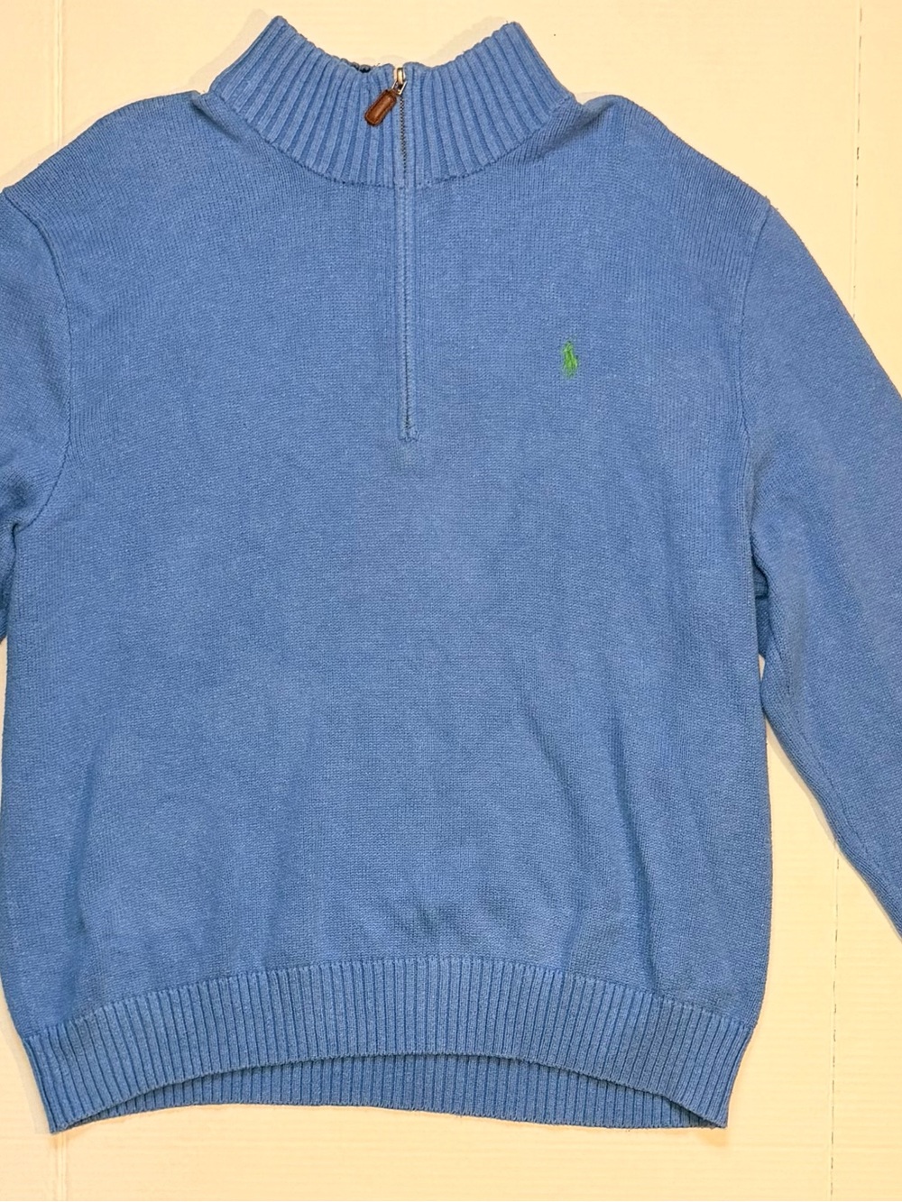 VTG Polo Ralph Lauren Blue Cotton Sweater Mens XXL 1/4 Zip Green Pony Pullover